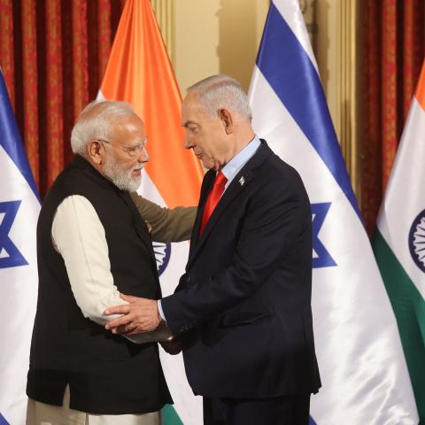 Israel's Prime Minister Benjamin Netanyahu shakes hands with his Indian counterpart Narendra Modi during a press conference in Jerusalem on February 26, 2026. (Getty Images)