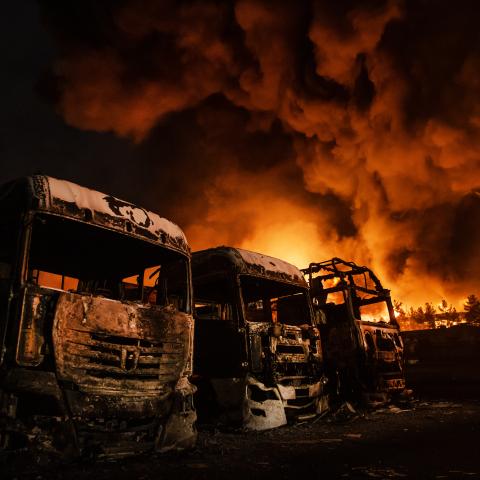 Fire breaks out at the Shahran oil depot after US and Israeli attacks, leaving numerous fuel tankers and vehicles in the area unusable in Tehran, Iran on March 8, 2026. (Photo by Hassan Ghaedi/Anadolu via Getty Images)