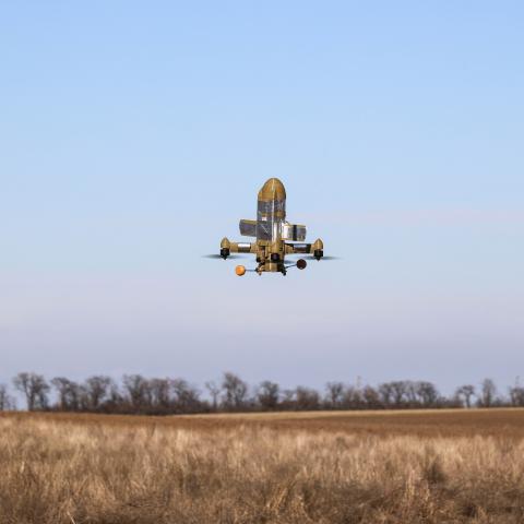 An interceptor drone used by Ukraine's 208th Khersonska Anti-Aircraft Missile Brigade flies in the sky as the unit carries out combat missions in Ukraine on March 4, 2026. (Getty Images)