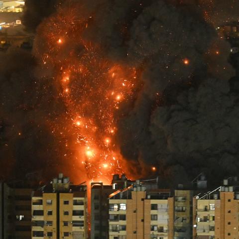 A fireball rises from the site of an Israeli airstrike that targeted an area in Beirut's southern suburbs overnight March 10 to 11, 2026. (Getty Images)