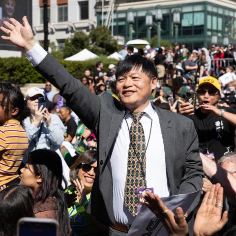 Arthur Liu at a rally celebrating his daughter Alysa Liu's Olympic gold medal at the Milano Cortina 2026 Olympics on March 12, 2026, in Oakland, California. (Getty Images)