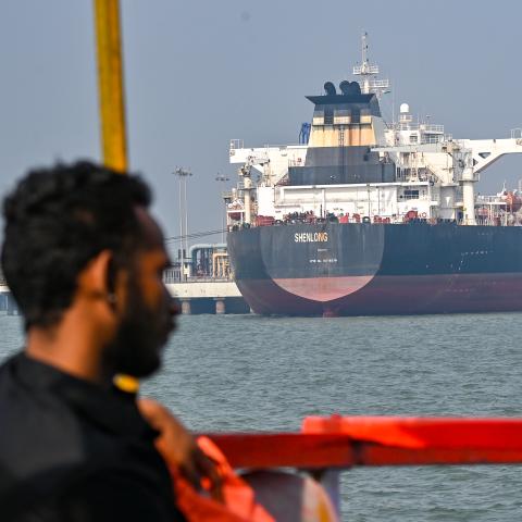 The Liberia-flagged crude oil tanker Shenlong Suezmax successfully docked at Mumbai Port after navigating the high-risk Strait of Hormuz on March 11, 2026, in Mumbai, India. (Getty Images) Share to Twitter