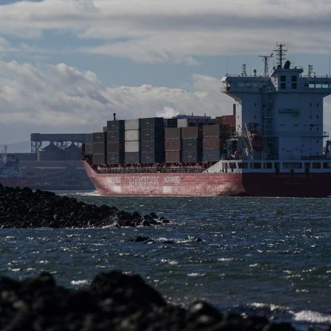 The vessel 'Containerships Borealis' arrives at the mouth of the River Tees on March 10, 2026, in Teesside, England. (Photo by Ian Forsyth/Getty Images) Share to Twitter