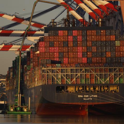 A container ship is seen docked at the Port of Los Angeles on March 13, 2026 in Los Angeles, California. (Getty Images) Share to Twitter