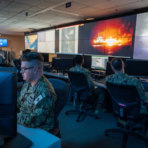  Sailors stand watch in U.S. Naval Forces Central Command’s (NAVCENT) maritime operations center in Manama, Bahrain, Jan. 29. NAVCENT/U.S. 5th Fleet’s area of operations encompasses about 2.5 million square miles of water area and includes the Arabian Gulf, Red Sea, Gulf of Oman, Gulf of Aden, Arabian Sea and parts of the Indian Ocean. This expanse, comprising 21 nations, includes three critical choke points at the Strait of Hormuz, the Suez Canal and the Bab al-Mandeb. (U.S. Navy photo by Mass Communicatio