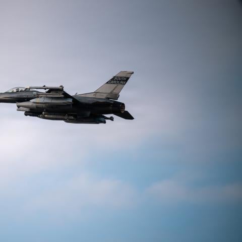 A U.S. Air Force F-16 Fighting Falcon aircraft takes off for a combat flight during Operation Epic Fury, March 29, 2026. (U.S. Air Force Photo)
