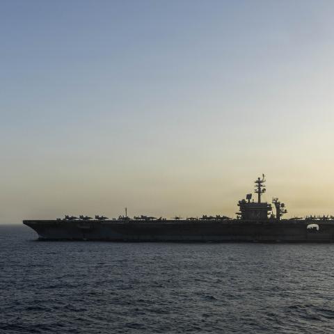 USS Abraham Lincoln (CVN 72) conducts U.S. blockade operations in the Arabian Sea, April 16. The ship's embarked carrier air wing includes eight F-35C stealth fighters, F/A-18 fighter jets, EA-18G electronic attack aircraft, E-2D command and control planes, MH-60 helicopters and CMV-22B Ospreys for logistics support. (U.S. Navy photo)
