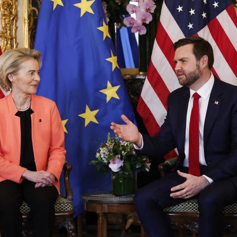 US Vice President JD Vance (R) exchanges remarks with President of the European Commission Ursula von der Leyen (L) during a bilateral meeting held at the Chief of Mission's residence at the US embassy in Paris on February 11, 2025. (Photo by Ian LANGSDON / AFP) (Photo by IAN LANGSDON/AFP via Getty Images)