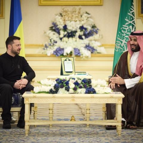 Ukrainian President Volodymyr Zelenskyy (L) meets with Crown Prince and Prime Minister of the Kingdom of Saudi Arabia Mohammed bin Salman Al Saud (R) in Jeddah, Saudi Arabia on March 11, 2025. (Photo by Ukrainian&nbsp;Presidency /&nbsp;Handout/Anadolu via Getty Images)