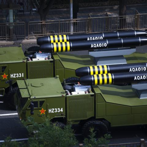 Military vehicles transport aqa-010 torpedo past Tian'anmen Square during V-Day military parade to commemorate the 80th anniversary of the victory in the Chinese People's War of Resistance against Japanese Aggression and the World Anti-Fascist War on September 3, 2025 in Beijing, China. (Photo by Liu Xinwu/VCG via Getty Images)