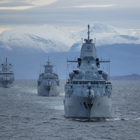 The “Sachsen” (R), "Bayern" (C) and "" frigates of the German Navy sail during the Andoya "Missile Firing Exercise 2025“ military exercise in the North Sea on October 13, 2025 near Harstad, Norway. Nine ships and one submarine of the German Navy are participating in the live-fire exercise, during which they will launch anti-aircraft and anti-ship missiles as well as anti-submarine torpedoes. The exercise is taking place from October 6-30 and is the biggest live-fire missile exercise of the German Navy in 30