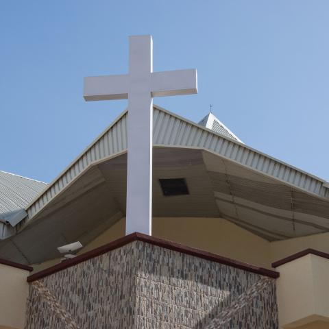 A general view of a cross on the buidling of the Ekklesiyar Yan'uwa a Nigeria (EYN) Local Church Council (LLC) wulari Jerusalem church in Maiduguri on December 27, 2025. (Photo by Audu MARTE / AFP via Getty Images)