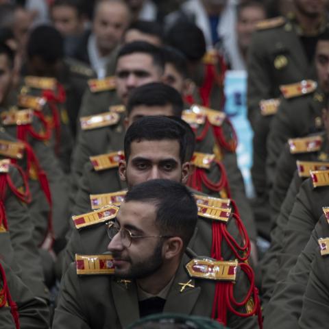 Cadets of the Iranian Army Ground Forces Officer Academy take part in a ceremony marking the 47th anniversary of the victory of Iran's Islamic Revolution at the shrine of Ayatollah Ruhollah Khomeini in the Behesht-e Zahra cemetery in southern Tehran, Iran, on February 1, 2026, (Photo by Morteza Nikoubazl/NurPhoto via Getty Images)