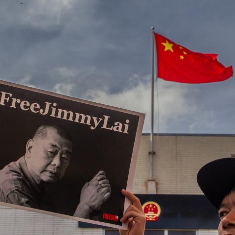  People gather in front of the Chinese Consulate General to protest the unjust conviction of media entrepreneur Jimmy Lai on February 14, 2026 in Los Angeles, California. Jimmy Lai is a Hong Kong media entrepreneur who has stood up for the freedom of the Press. He has been held since December 2, 2020 and was convicted for violating Beijing's imposed National Security Law on Hong Kong, which was passed in June 30, 2020. The prosecution retroactively prosecuted him on his activities, which were done prior to 