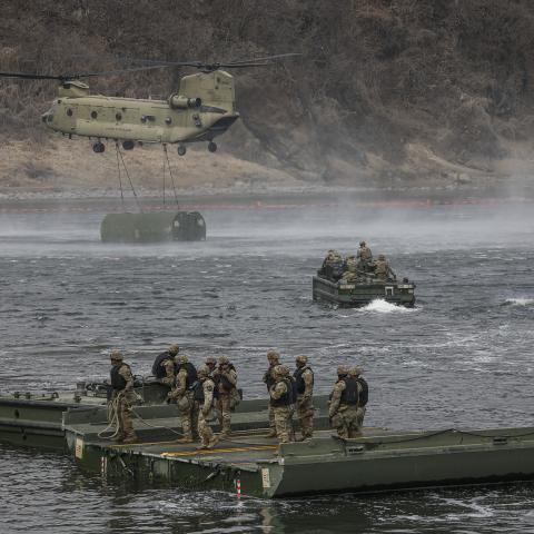 On March 14, 2026, in Yeoncheon, South Korea, United States and Republic of Korea Army engineering battalions take part in a river crossing drill near the DMZ in Yeoncheon, South Korea. The South Korean and U.S. militaries stage joint river-crossing drills in the border county of Yeoncheon as part of their annual key springtime exercise aimed at enhancing interoperability between the allies. (Photo by Seung-il Ryu/NurPhoto via Getty Images)