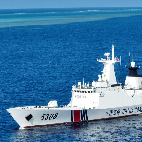 An aerial drone photo shows the China Coast Guard CCG vessel Sandu patrolling near a reef in the South China Sea on March 24, 2026. (Getty Images)