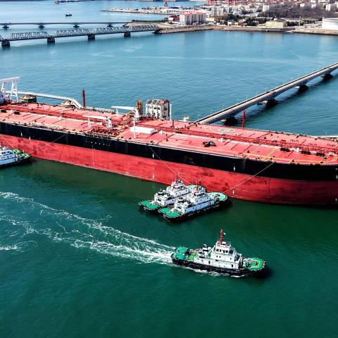 An oil tanker is being unloaded with imported crude oil at the Qingdao Port Oil Terminal in Shandong Province, China on April 7, 2026. (Photo credit should read CFOTO/Future Publishing via Getty Images)