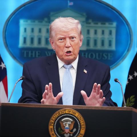 President Donald Trump conducts a news conference in the White House briefing room about the war in Iran on Monday, April 6, 2026. (Tom Williams/CQ-Roll Call, Inc via Getty Images)
