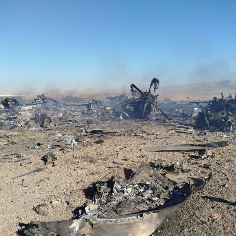 Wreckage is seen from what Iranian authorities say is a US military helicopter on April 5, 2026, in an unspecified location in Iran. (Getty Images) Share to Twitter