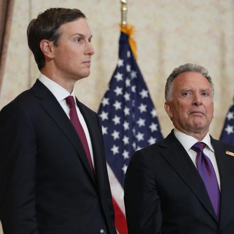  Jared Kushner, left, and Steve Witkoff, Special Envoy for Peace Missions listen as Vice President JD Vance speaks during a news conference after meeting with representatives from Pakistan and Iran, April 12, 2026 in Islamabad, Pakistan. (Photo by Jacquelyn Martin - Pool/Getty Images)