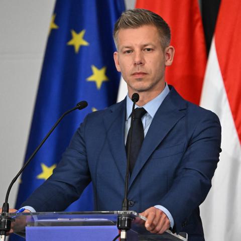 Election winner and leader of Hungary's TISZA party Peter Magyar answers journalists' questions during a press conference following the first official meeting of TISZA's new parliamentary group at the HUNGEXPO Congress and Exhibition Center in Budapest, Hungary, on April 20, 2026. Hungary's nationalist long-time Prime Minister Viktor Orban lost on April 12, 2026 to political newcomer, conservative pro-EU Peter Magyar, whose party won a two-thirds parliamentary majority in a vote marked by record turnout in 