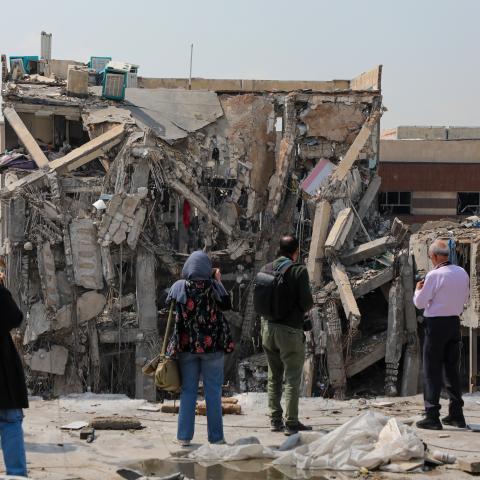 Representatives from more than a dozen foreign diplomatic missions and the media view damage at sites previously targeted by US-Israeli strikes, on April 20, 2026, in Tehran, Iran. (Getty Images)