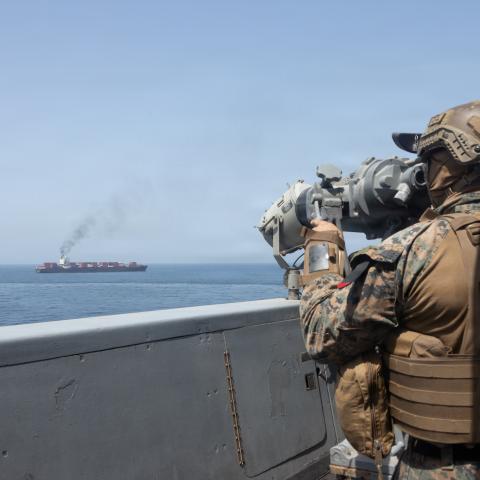 US forces patrol the Arabian Sea near the container ship MV Touska close to the Strait of Hormuz on April 20, 2026. (Getty Images)