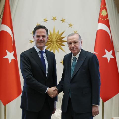  Turkish President Recep Tayyip Erdogan (R) shakes hands with NATO Secretary General Mark Rutte at the Presidential Complex in Ankara, Turkiye on April 22, 2026. (Photo by TUR Presidency / Murat Kula / Handout/Anadolu via Getty Images)
