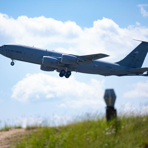 A US Air Force KC-135 Stratotanker takes off from Spangdahlem Air Base in Germany on May 19, 2025. (US Air Force)