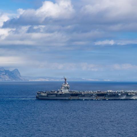 The USS Gerald R. Ford transits the Strait of Gibraltar on October 1, 2025. (US Navy)