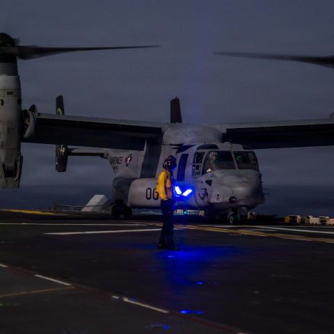 An MV-22 Osprey prepares to takeoff on the flight deck of America-class amphibious assault ship USS Tripoli (LHA 7) during Operation Epic Fury, April 2, 2026. (U.S. Marine Corps Photo)