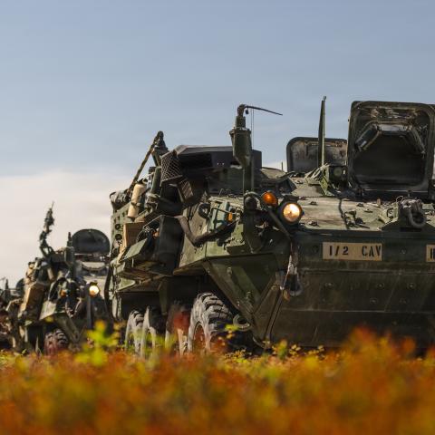 US soldiers stage Stryker vehicles and perform maintenance checks before convoy operations across Germany in support of Sword 26 at Vilseck, Germany, on April 27, 2026. (US Army Reserve)