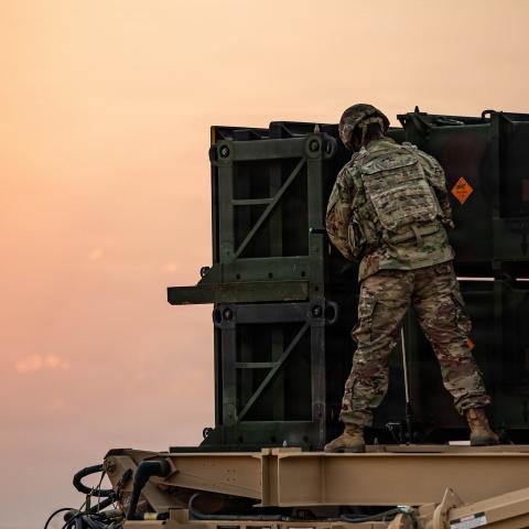 A U.S. Army air defense artilleryman works to place an MIM-104 Patriot missile system into operation in the U.S. Central Command area of responsibility. The Patriot is the Army’s primary terminal-phase anti-ballistic missile system. (U.S. Army photo)