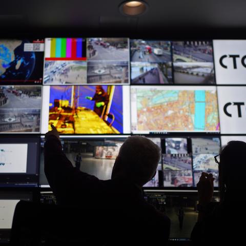 A wall of screens displaying surveillance camera footage at the Counter Terrorism Operations Centre in London on February 27, 2023. (Getty Images)
