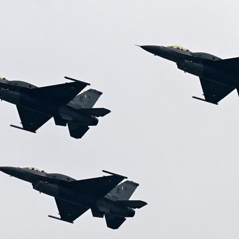 Pakistan Air Force JF-17 fighter jets perform at a rehearsal ahead of a Pakistan Day parade in Islamabad on March 21, 2024. (Getty Images)
