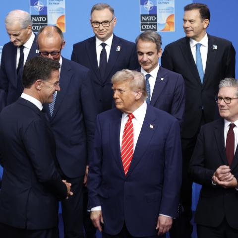 President Donald Trump pose with NATO heads of state and government at the Hague on June 25, 2025. (Getty Images) Share to Twitter