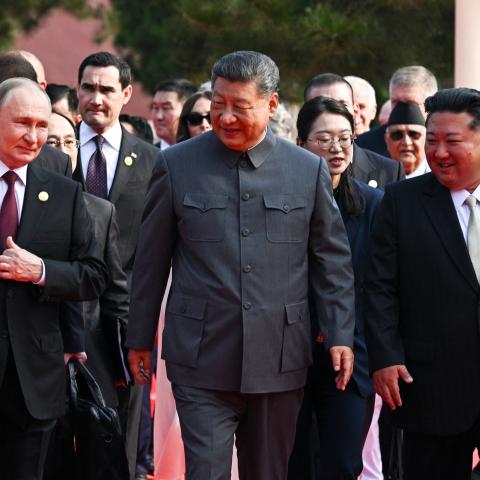 Russia's President Vladimir Putin walks with China's President Xi Jinping and North Korea's leader Kim Jong Un in Beijing's Tiananmen Square on September 3, 2025. (Getty Images)