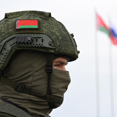 A Belarusian soldier takes part in the Zapad-2025 joint Russian-Belarusian military drills at a training ground near the town of Borisov, Belarus, on September 15, 2025. (Getty Images)
