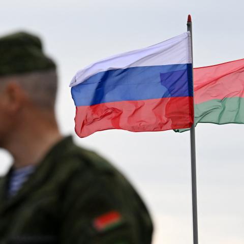 Flags of Russia and Belarus fly in the wind during joint Russian-Belarusian military drills in Minsk, on September 15, 2025. (Getty Images)