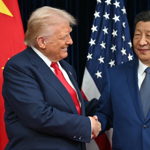 President Donald Trump and China's President Xi Jinping shake hands at the Gimhae Air Base in Busan on October 30, 2025. (Getty Images) Share to Twitter