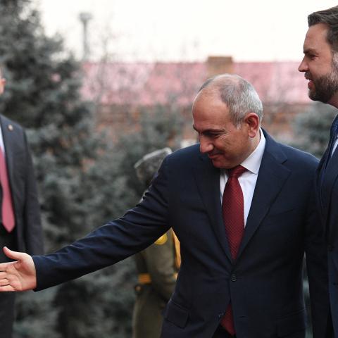 Armenian Prime Minister Nikol Pashinyan welcomes US Vice President JD Vance prior to their meeting in Yerevan on February 9, 2026. (Getty Images)