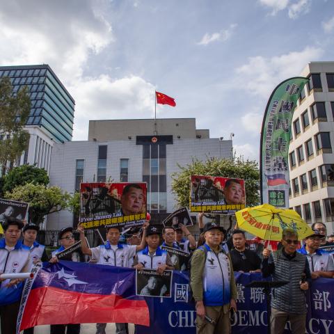 Caption People gather in front of the Chinese Consulate General to protest the unjust conviction of media entrepreneur Jimmy Lai on February 14, 2026, in Los Angeles, California. (Getty Images) Share to Twitter