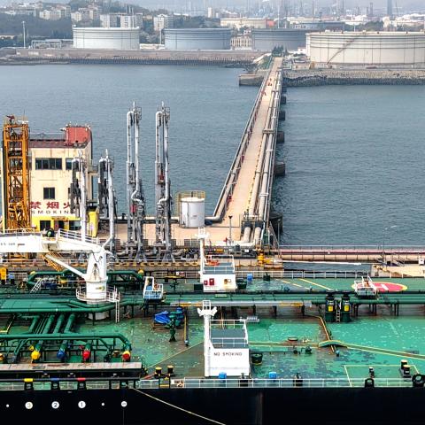 A tanker unloads imported crude oil at the Qingdao Port crude oil terminal in Shandong, China, on April 18, 2026. (Getty Images) Share to Twitter