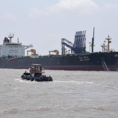 Caption The Indian Oil Tanker Desh Garima is seen at the port in Mumbai, India, on April 30, 2026, after clearing the Strait of Hormuz. (Getty Images) Share to Twitter