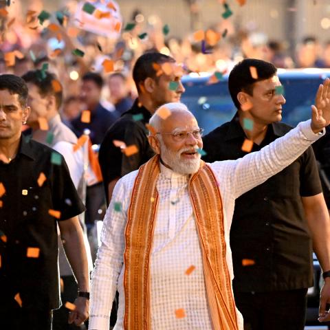 Indian Prime Minister Narendra Modi with Bharatiya Janata Party President Nitin Nabin greets supporters as he arrives at the BJP headquarters to celebrate its election victory on May 4, 2026, in New Delhi, India. (Getty Images)
