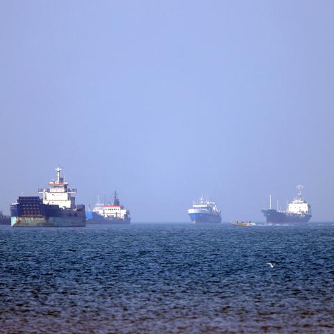 Vessels are pictured anchored in the Strait of Hormuz off Bandar Abbas in southern Iran on May 4, 2026. (Getty Images)