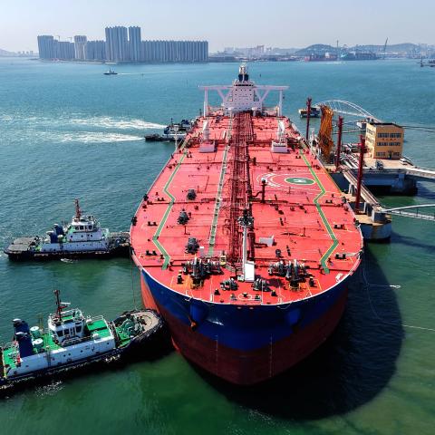 A tanker carrying imported crude oil docks at the Qingdao Port Tanker Terminal in Qingdao, China, on May 9, 2026. (Getty Images)