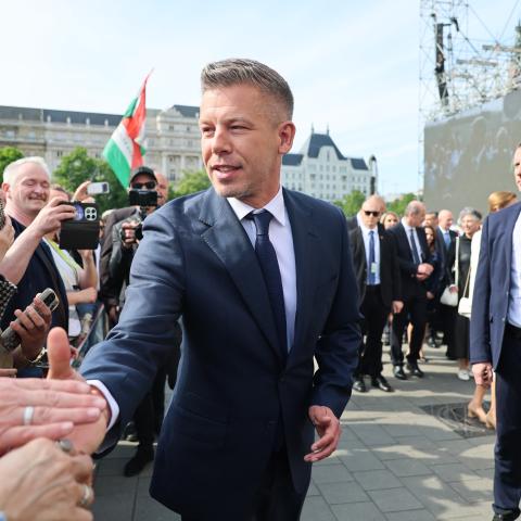 Incoming Prime Minister Peter Magyar greets supporters outside of Hungarian Parliament on May 9, 2026, in Budapest, Hungary. (Getty Images)
