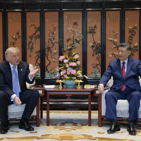 President Donald Trump and Chinese President Xi Jinping meet on the sidelines of a visit to Zhongnanhai Garden on May 15, 2026 in Beijing, China. Trump and other U.S. officials are finishing up a visit intended to address the Iran conflict, trade imbalances, and the Taiwan situation while establishing new bilateral boards for economic and AI oversight. (Photo by Evan Vucci-Pool/Getty Images)