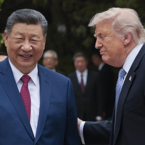 President Donald Trump speaks with Chinese President Xi Jinping on May 15, 2026, in Beijing, China. (Getty Images)